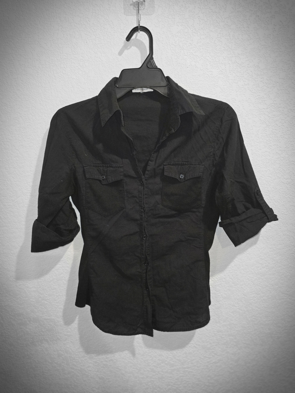 ​Love Tree Black Cotton Knit Side Panel Roll Tab Button Down Shirt Large